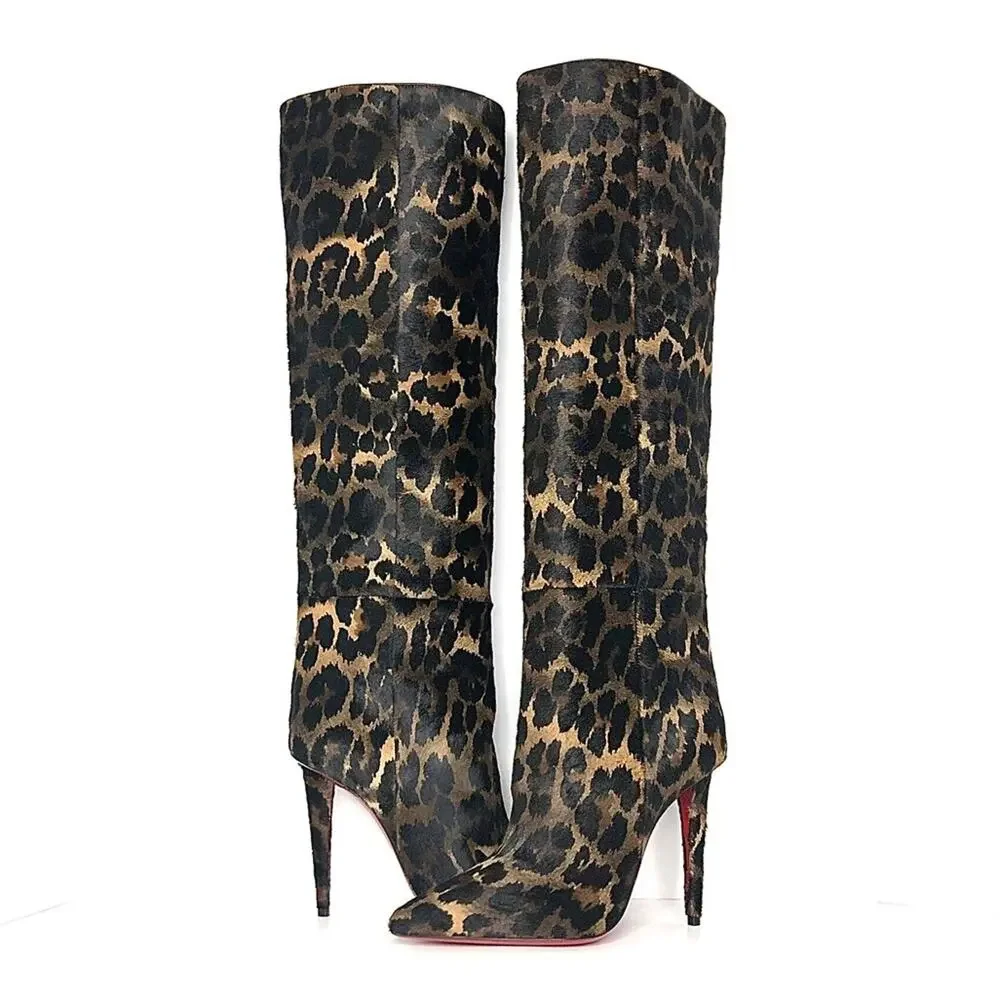 NEW Christian Louboutin Astrilarge Botta 100 Leopard Print Pointed Toe Boots 38